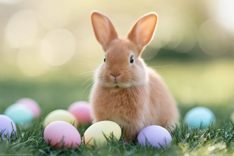 Ginger rabbit sitting alert among pastel eggs in green grass