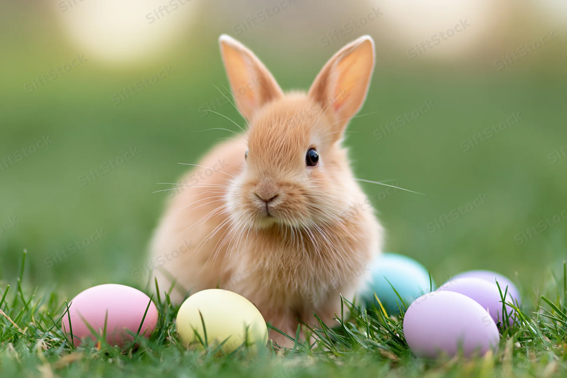 Ginger rabbit sitting alert among pastel eggs in green grass
