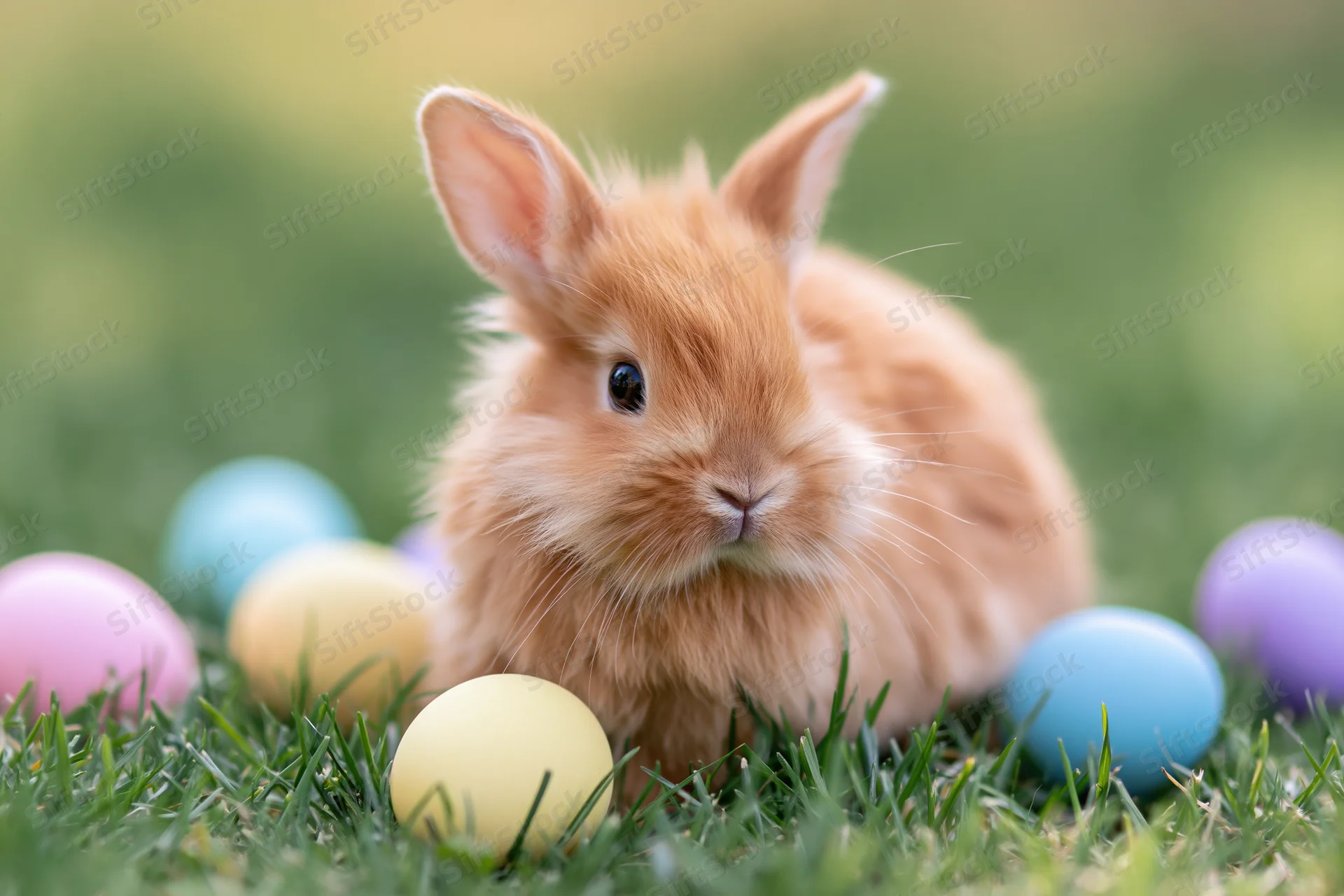 Ginger rabbit sitting alert among colorful easter eggs in green grass
