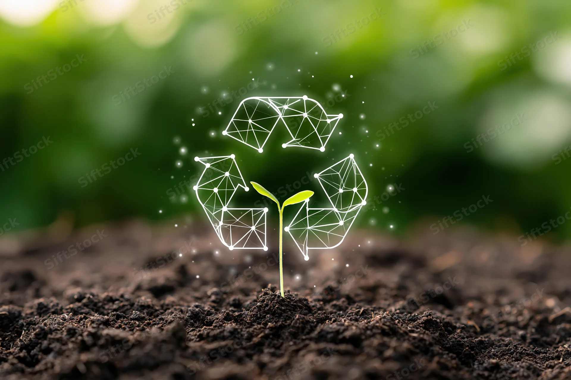 Small green seedling sprouting from dark rich soil with glowing recycling symbol above it