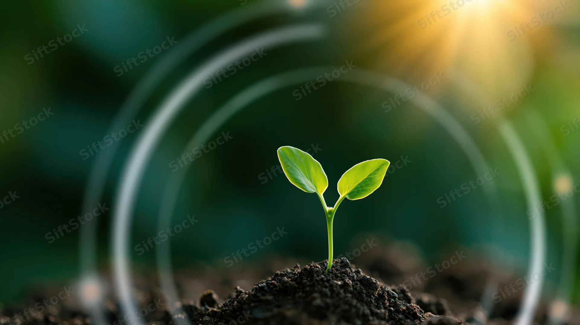 Small green seedling sprouting from soil under a protective circular glow with sunlight in the background