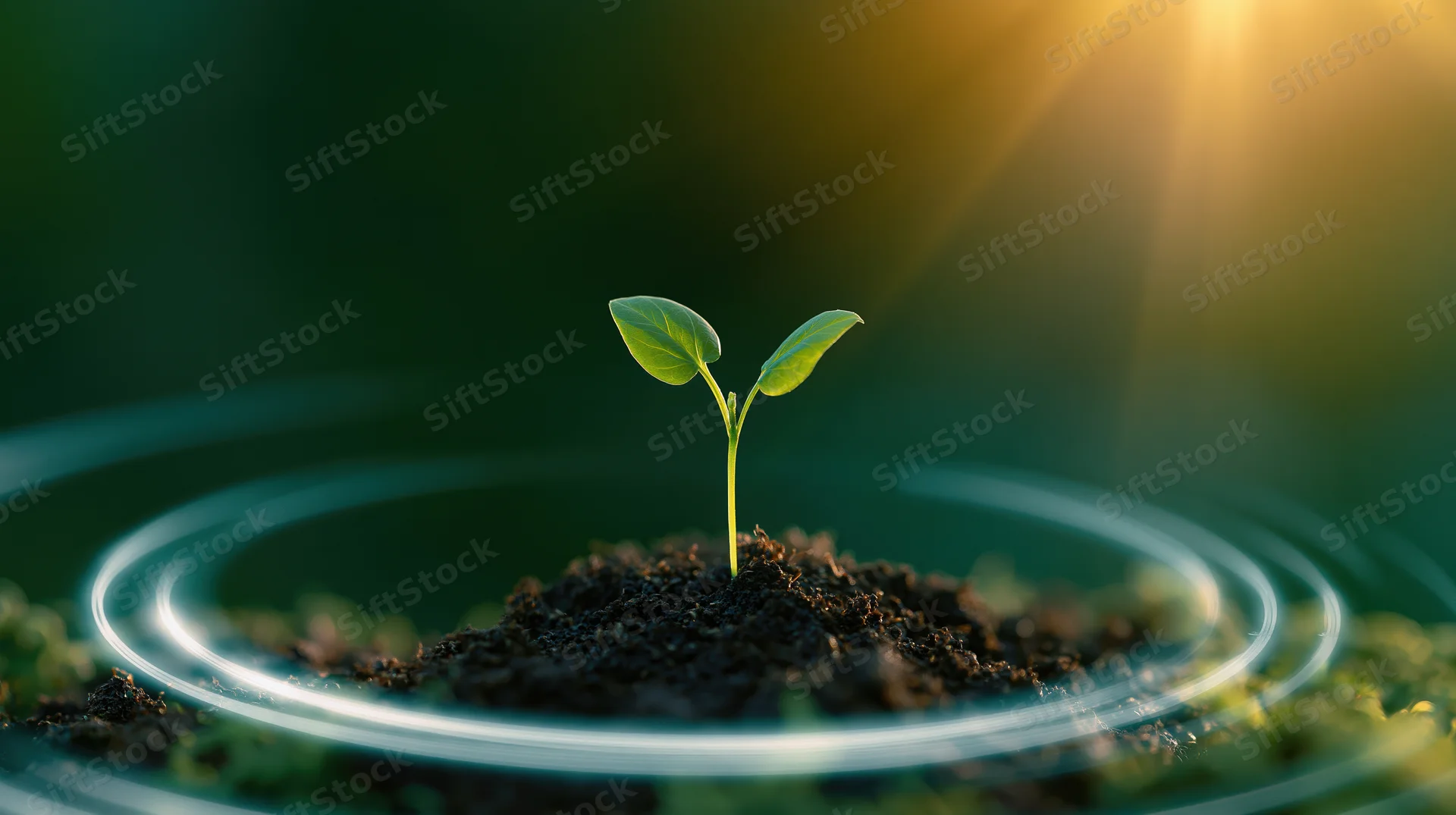 Small green seedling sprouting from soil under sunlight with glowing rings around it