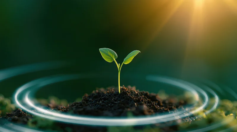 Small green seedling sprouting from soil under sunlight with glowing rings around it