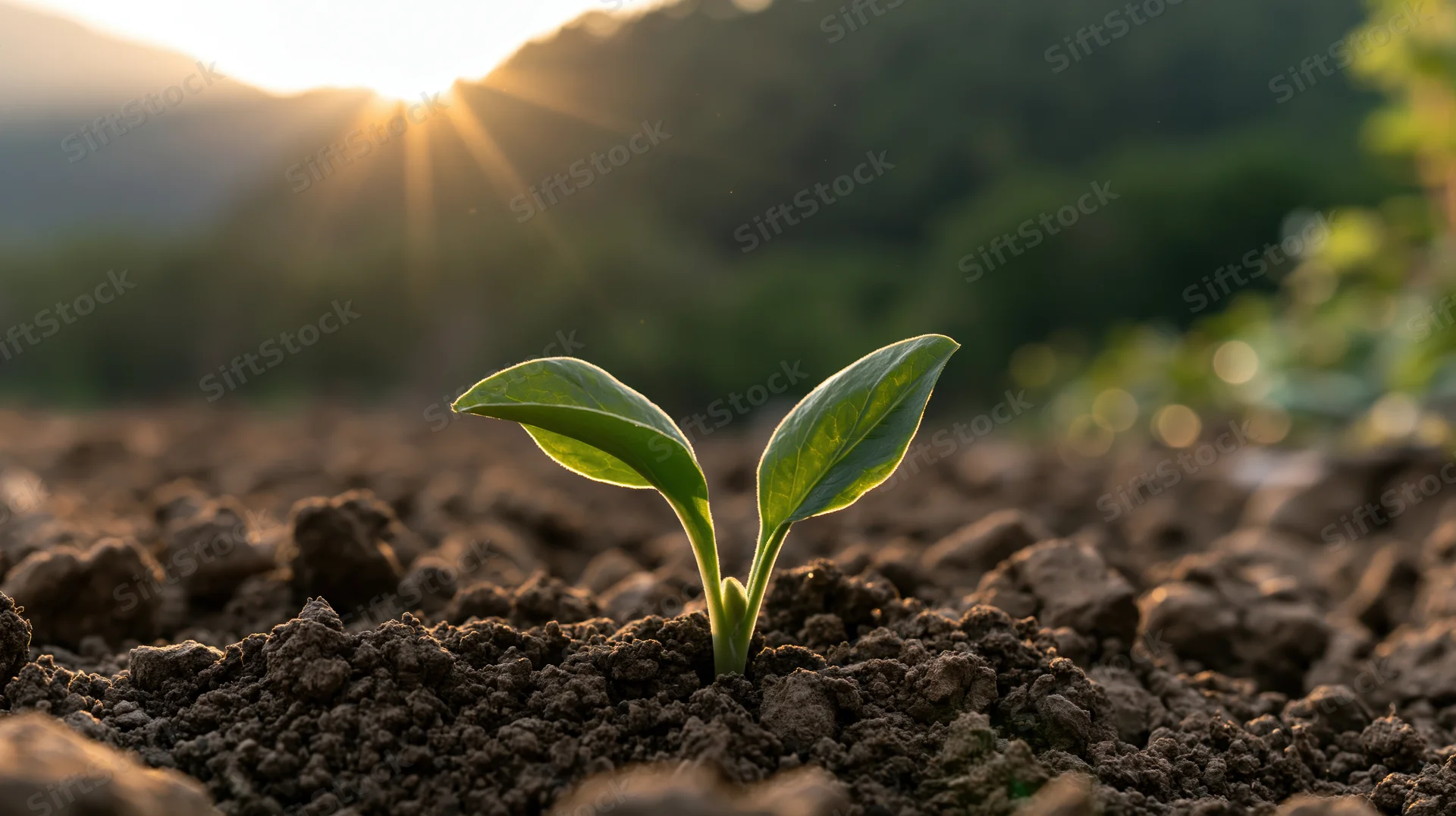 Small green seedling emerging from soil with sun rising behind mountains