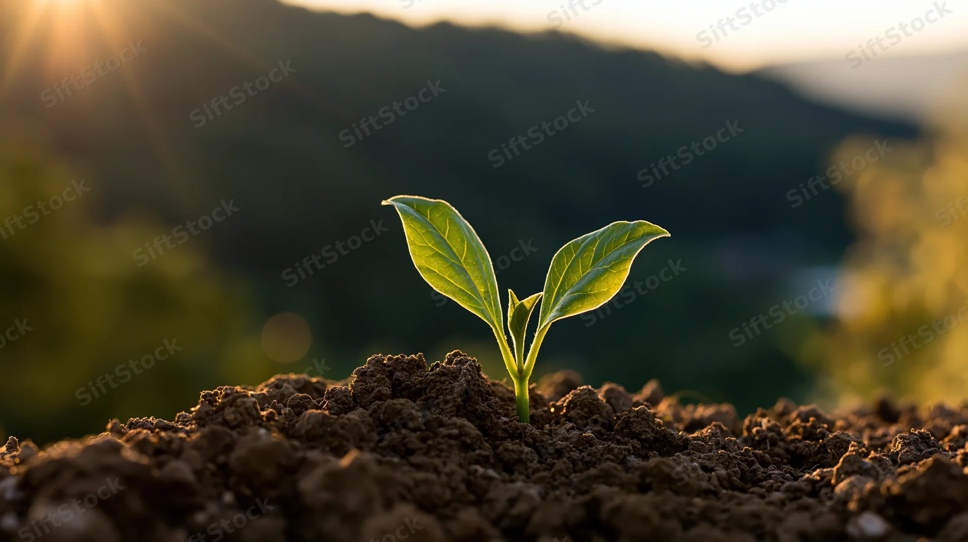 Small green seedling emerging from soil with mountains and sunset in background