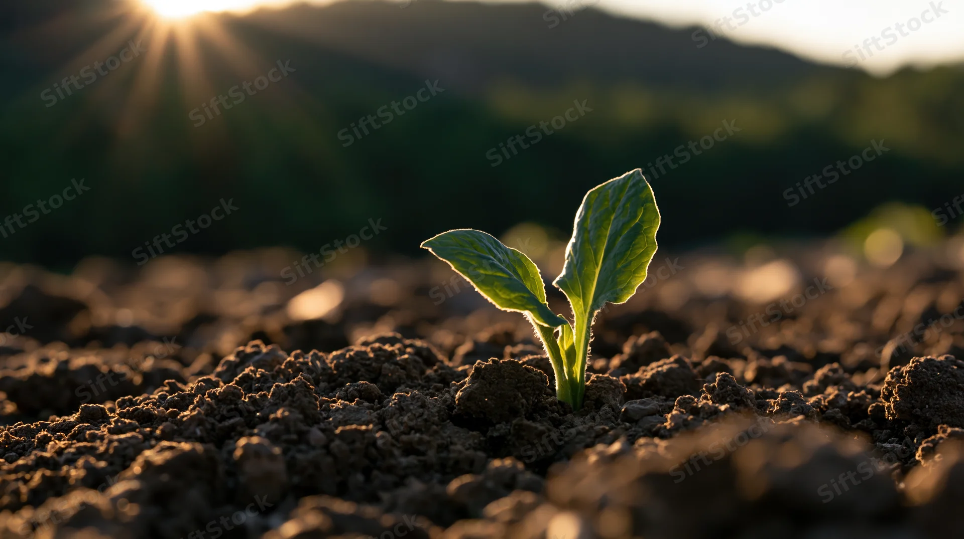 Small green seedling emerging from soil in a field at sunrise