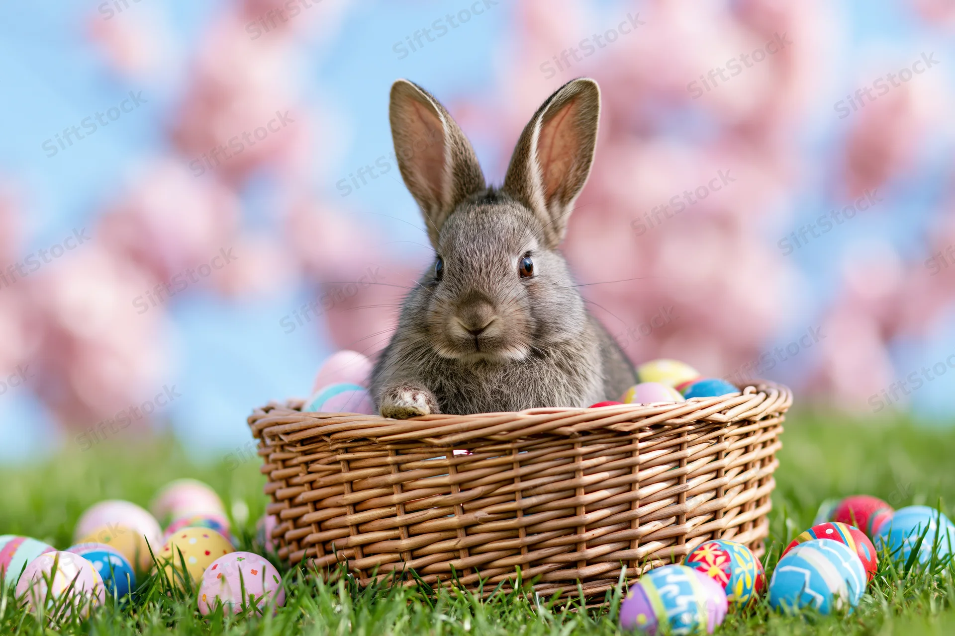 Small grey rabbit sitting in a wicker basket filled with colorful easter eggs on green grass with pink blossoms in background