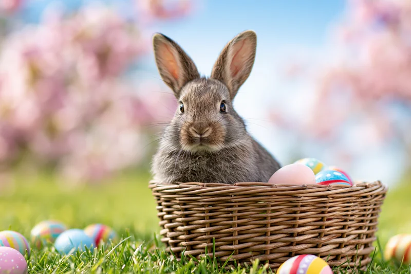 Small grey-brown rabbit sitting in a wicker basket filled with colorful decorated eggs on green grass with cherry blossoms in the background