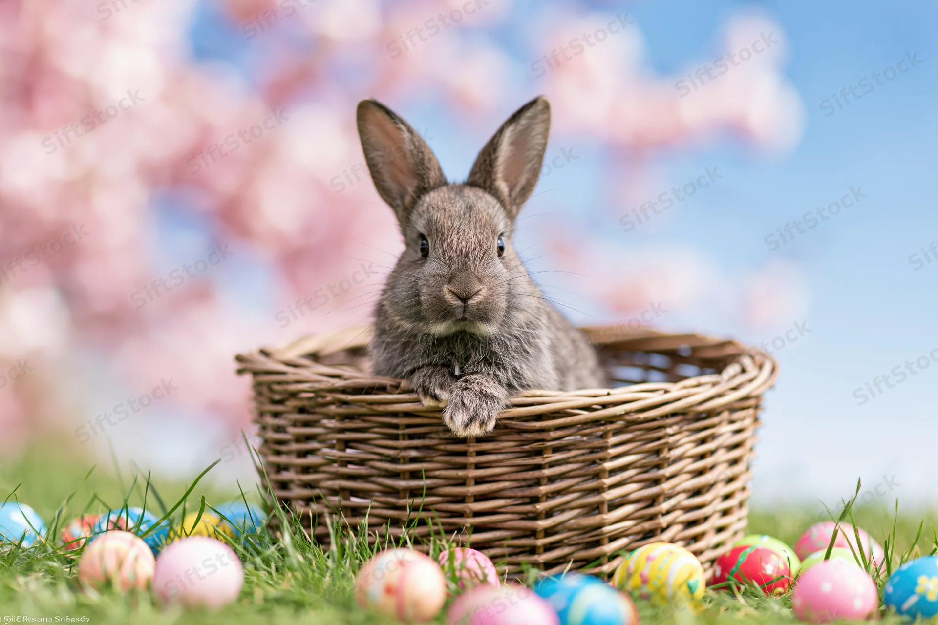 Grey rabbit sitting in wicker basket on grass surrounded by colorful easter eggs with cherry blossoms in background