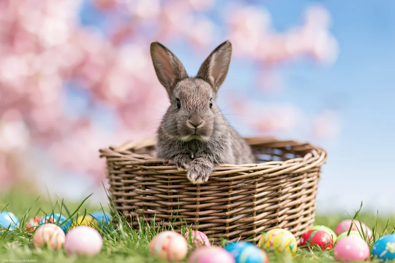 Grey rabbit sitting in wicker basket on grass surrounded by colorful easter eggs with cherry blossoms in background