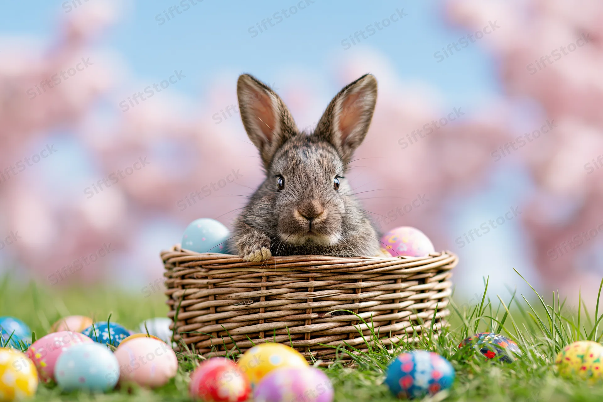Small grey-brown rabbit sitting in a wicker basket on grass surrounded by decorated easter eggs with cherry blossoms in the background
