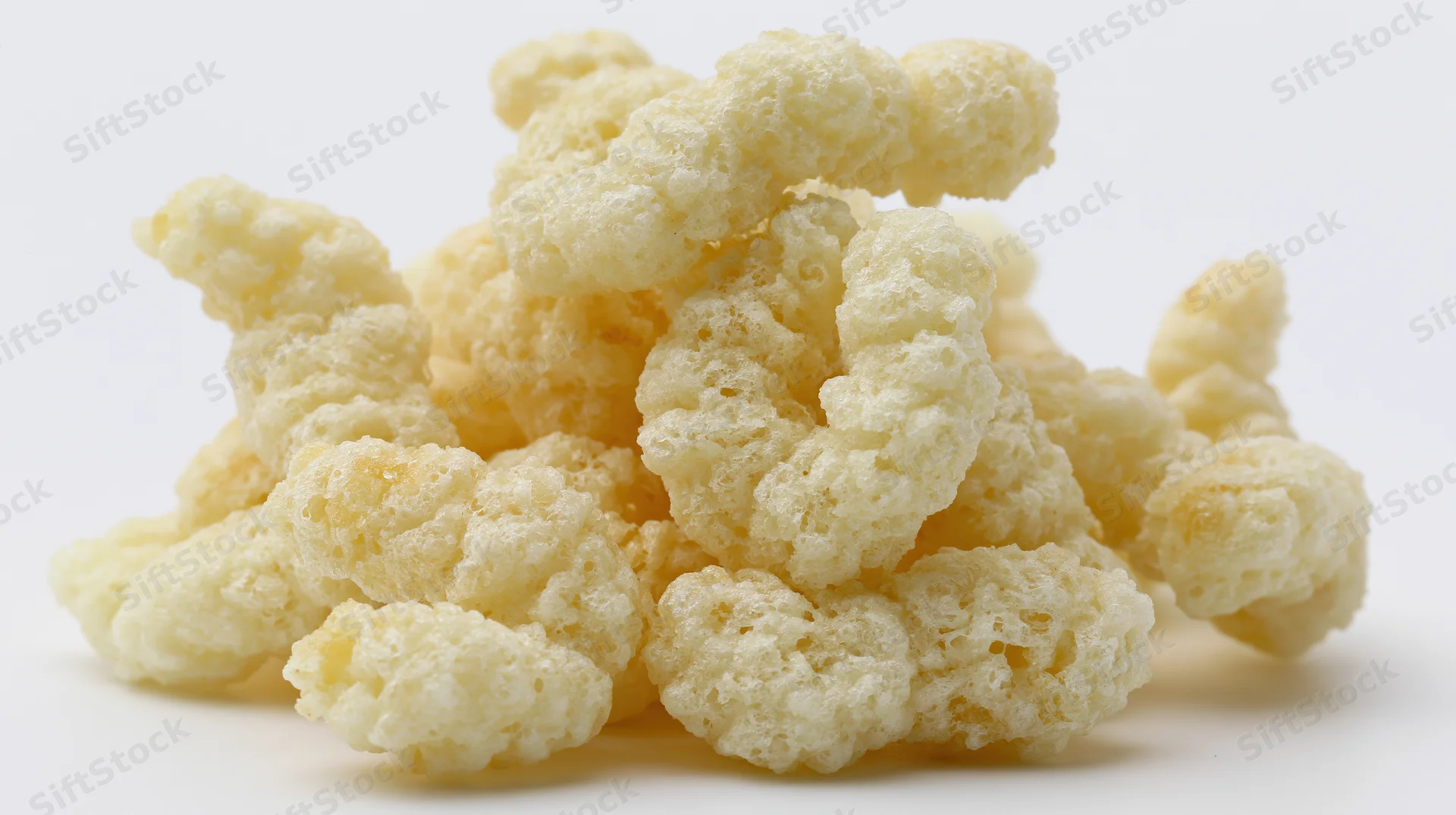 Pile of puffed cheese curls on white background