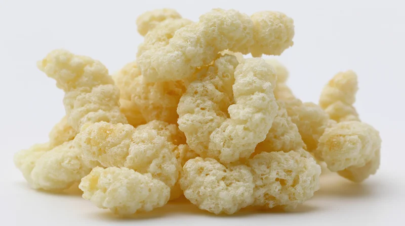 Pile of puffed cheese curls on white background