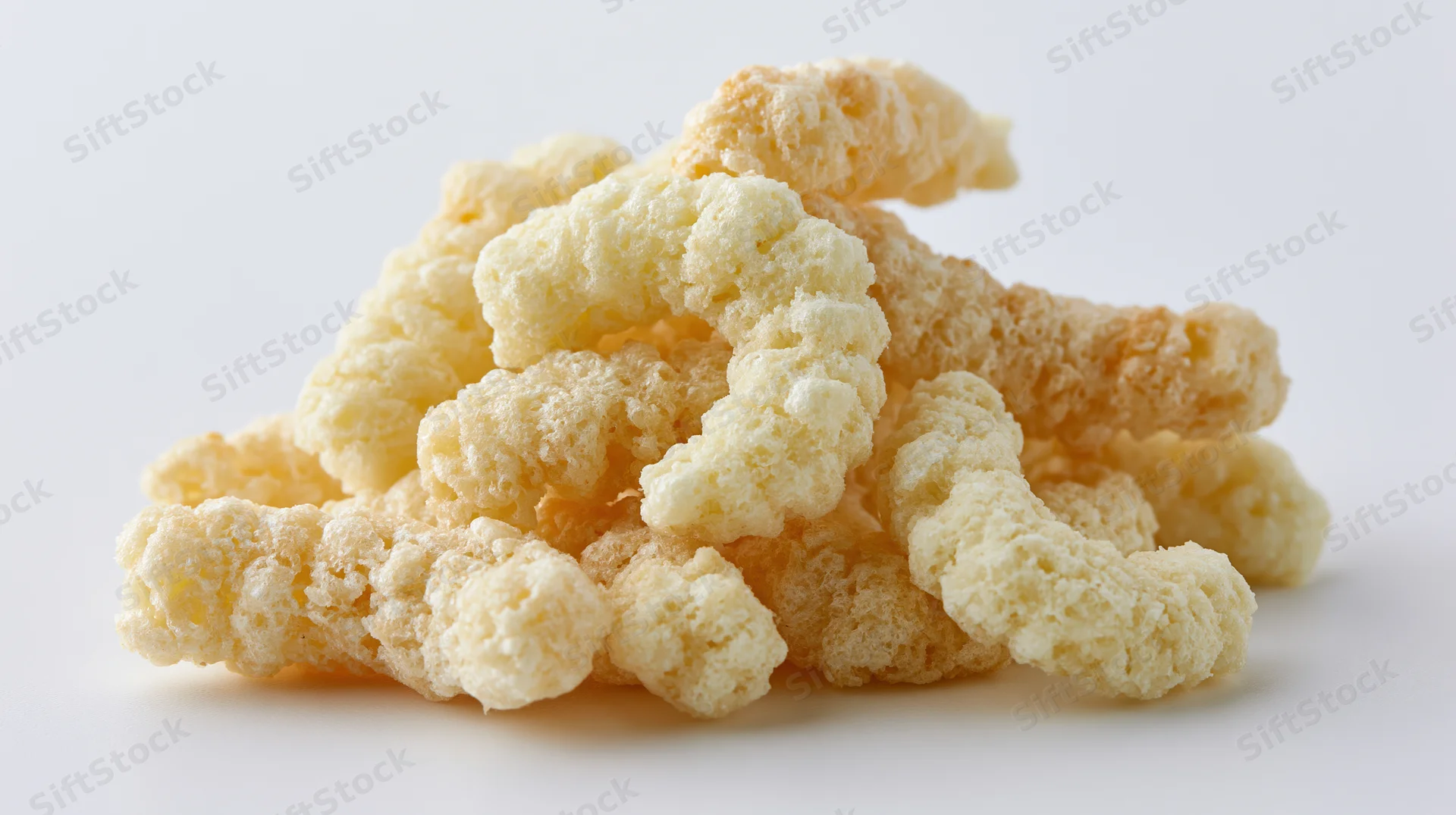 Pile of puffed cheese curls on white background
