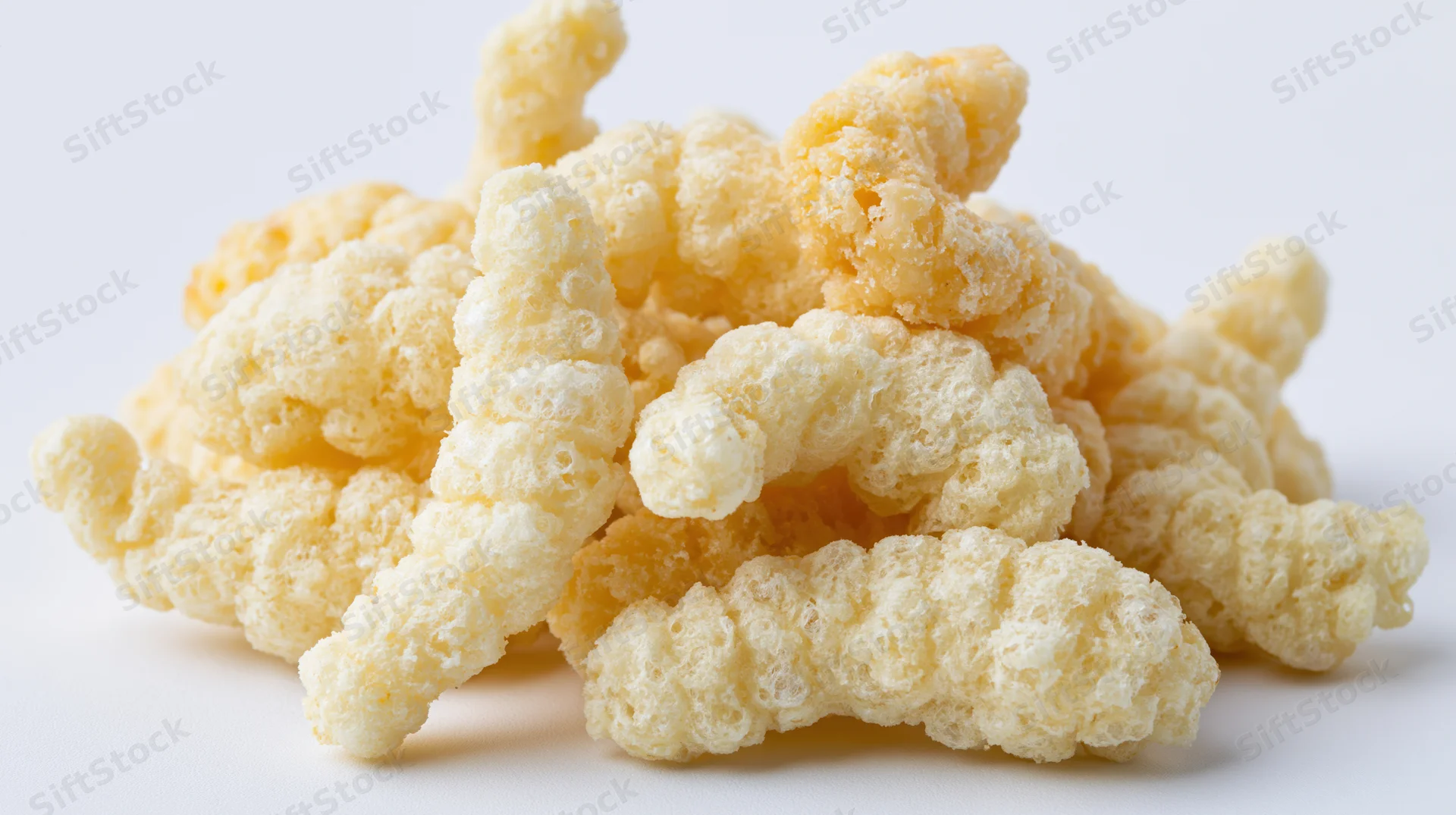 Pile of puffed cheese curls on white background