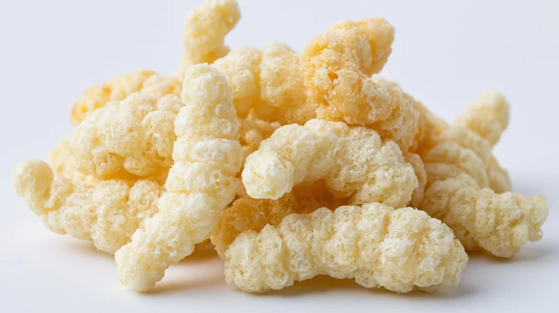 Pile of puffed cheese curls on white background