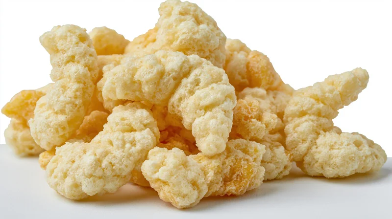 Pile of puffed cheese curls on white surface