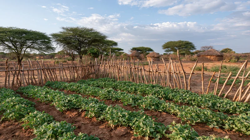 Rows of leafy crops growing in a small farm plot surrounded by a wooden fence with thatched huts and acacia trees in the background