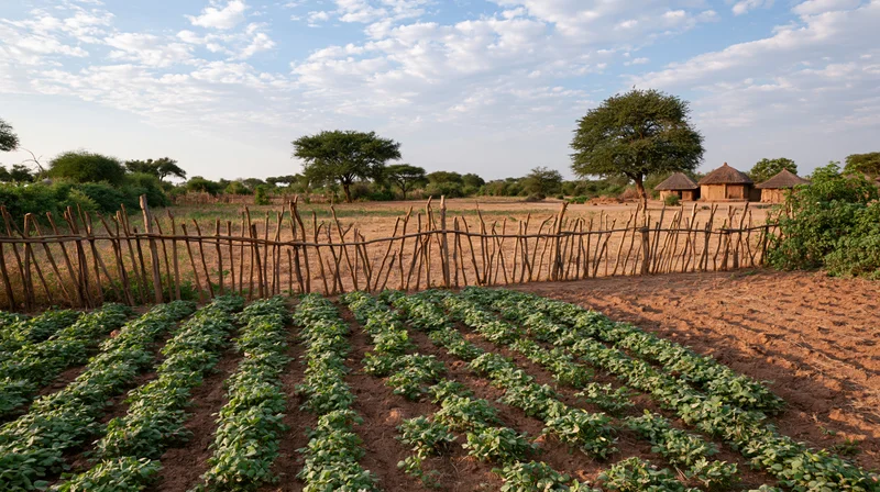 Rows of leafy crops growing in a tilled field near a fenced rural village under a partly cloudy sky