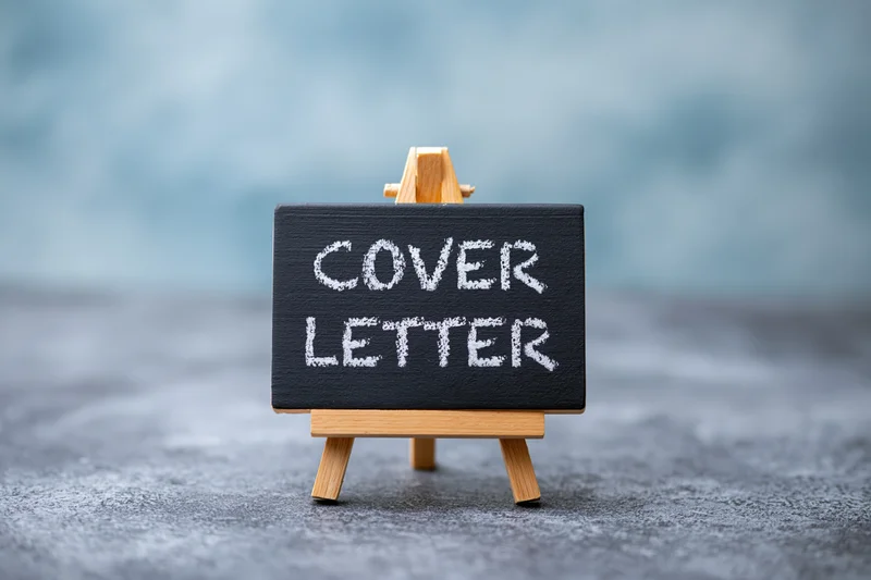 Small wooden easel holding black chalkboard with white chalk text reading cover letter on textured gray surface