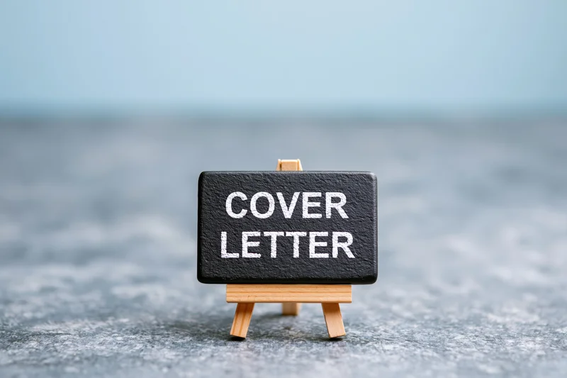 Small wooden easel holding black chalkboard sign with white text reading cover letter on gray surface