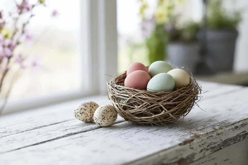 Pastel-painted easter eggs in a woven nest on a white wooden table by a window with spring flowers