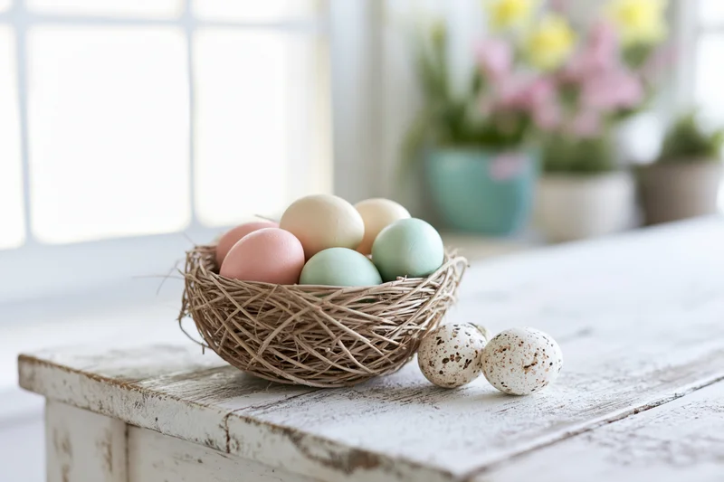 Pastel-painted easter eggs in a woven nest basket on a rustic white table near a window with flowers in vases in the background