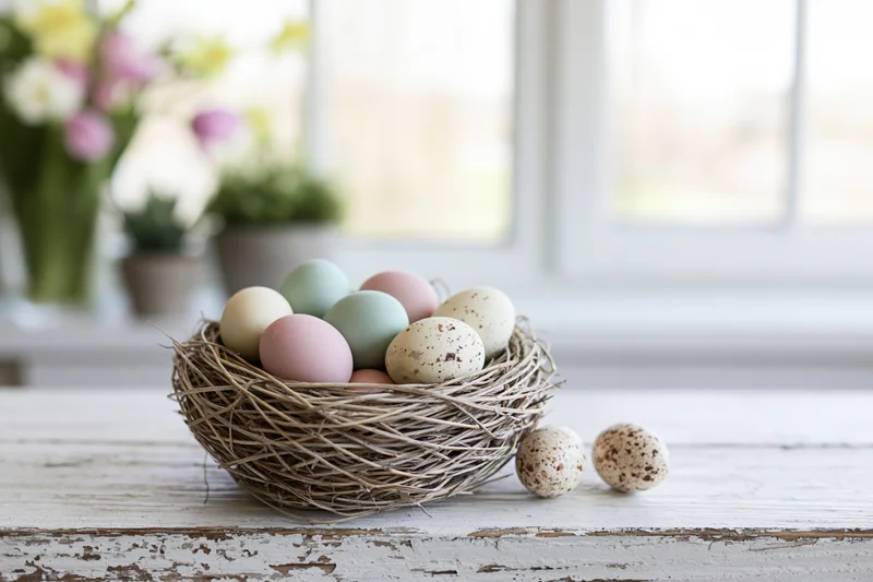 Pastel-painted easter eggs in a woven nest on a rustic wooden table near a window with flowers in the background
