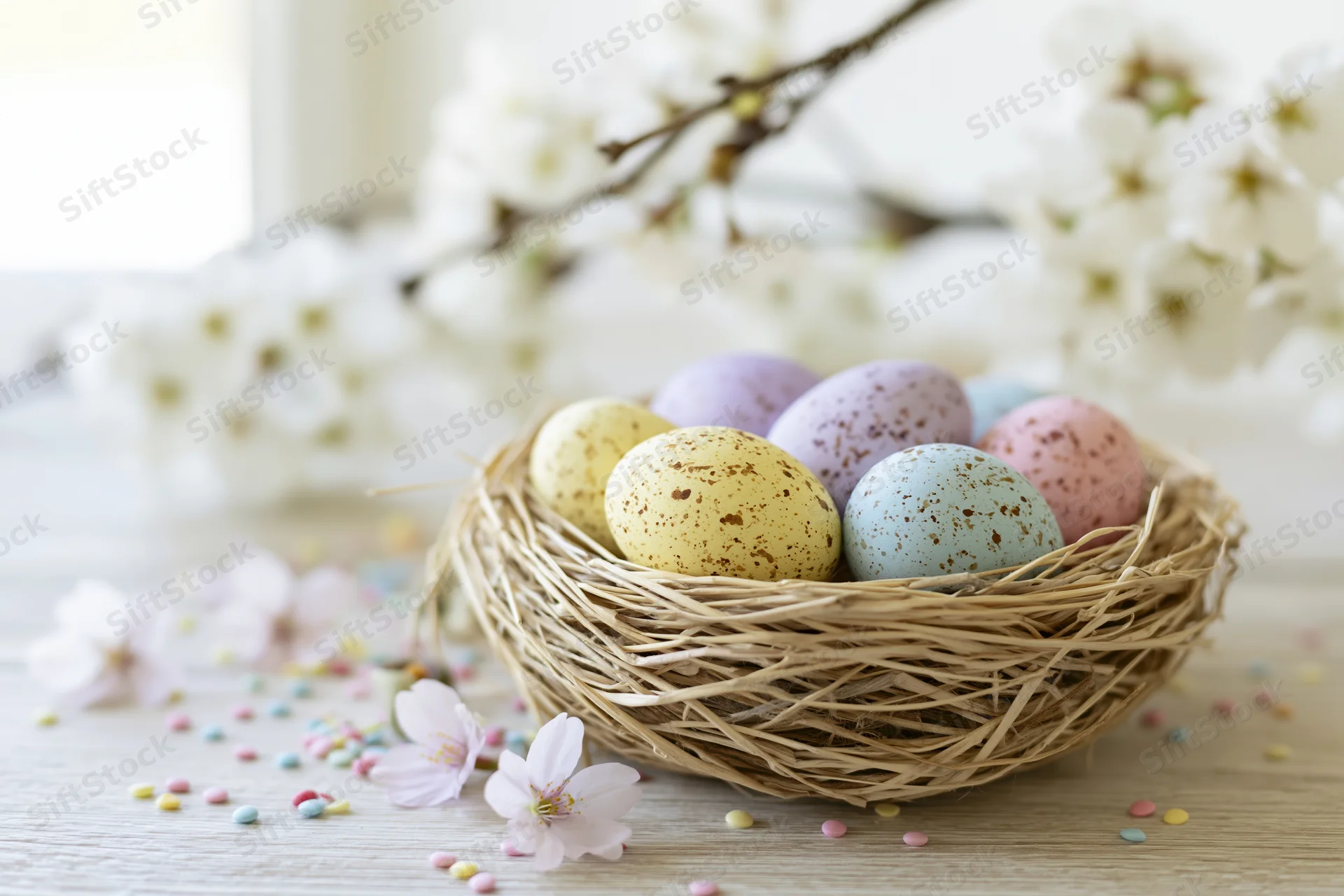 Pastel-speckled easter eggs in a woven straw nest on a wooden table with cherry blossoms and scattered confetti
