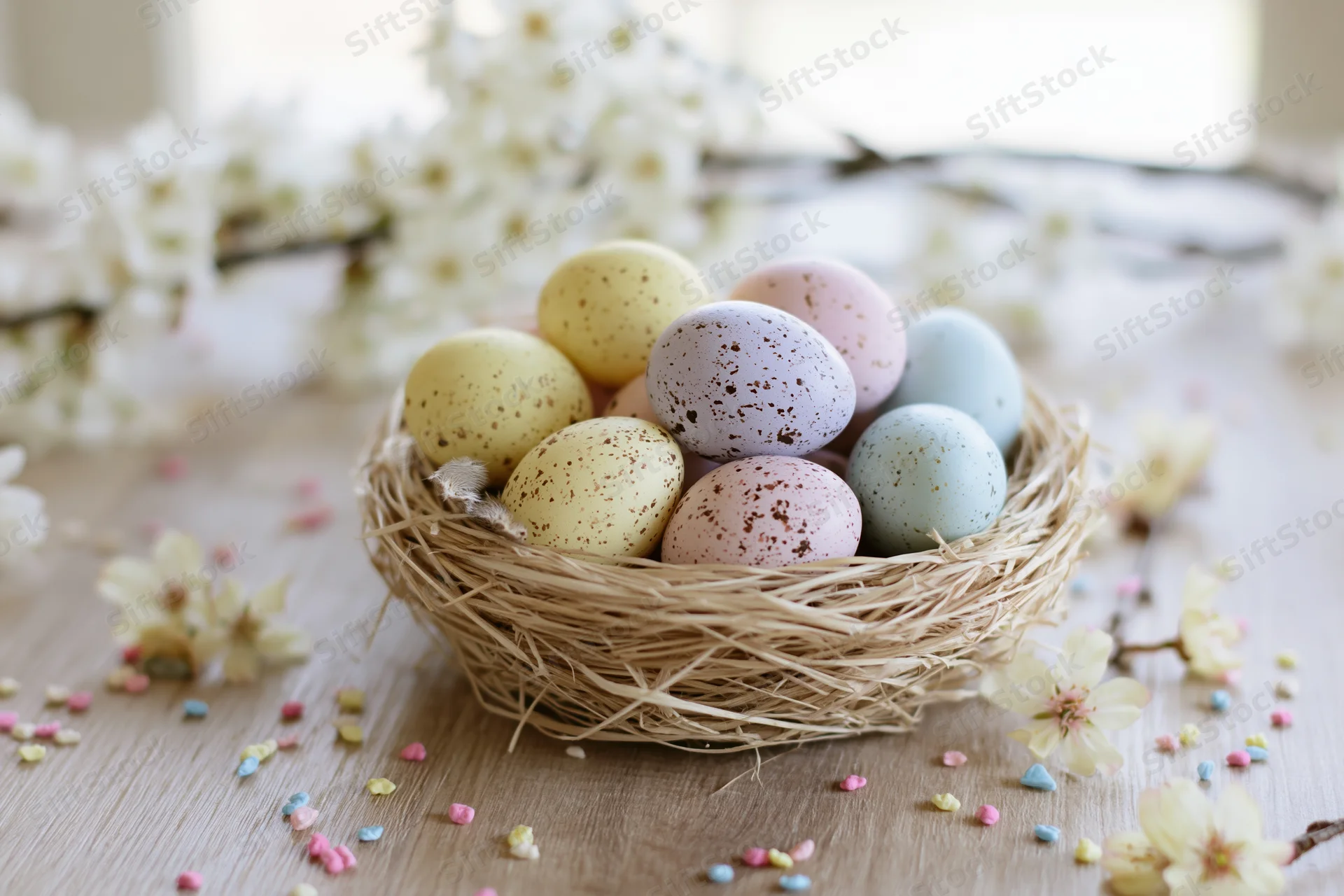 Pastel-speckled easter eggs in a woven straw nest on a wooden table with white blossoms and confetti