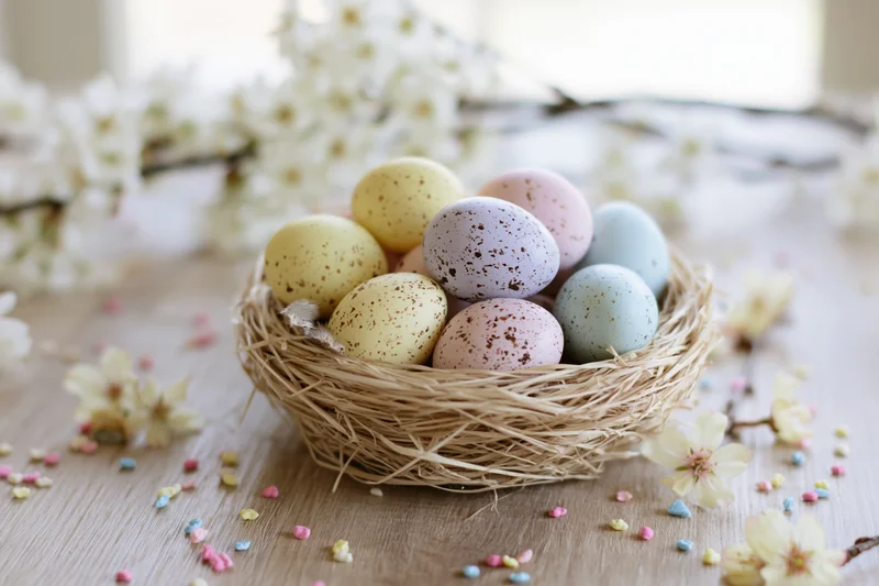 Pastel-speckled easter eggs in a woven straw nest on a wooden table with white blossoms and confetti
