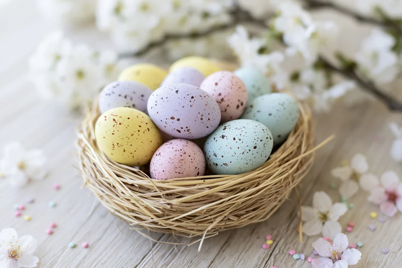 Pastel-speckled easter eggs in a woven straw nest on a wooden table with cherry blossoms
