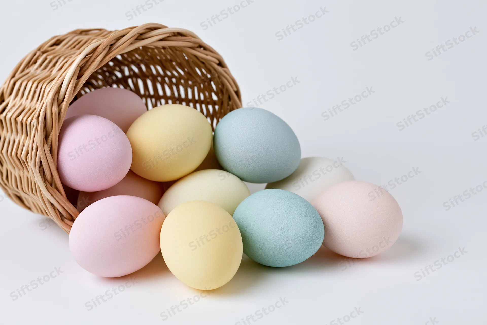 Pastel-dyed eggs scattered from a tipped wicker basket on white surface