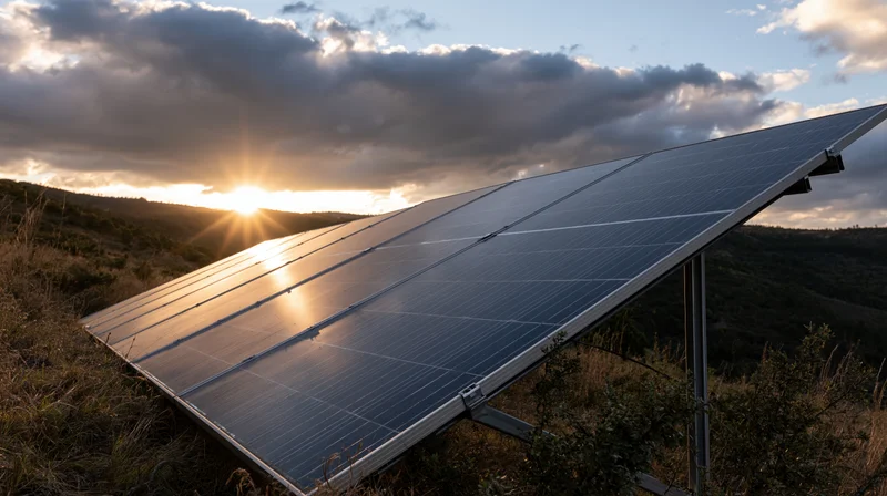 Solar panel array angled toward the horizon in a grassy field at sunset