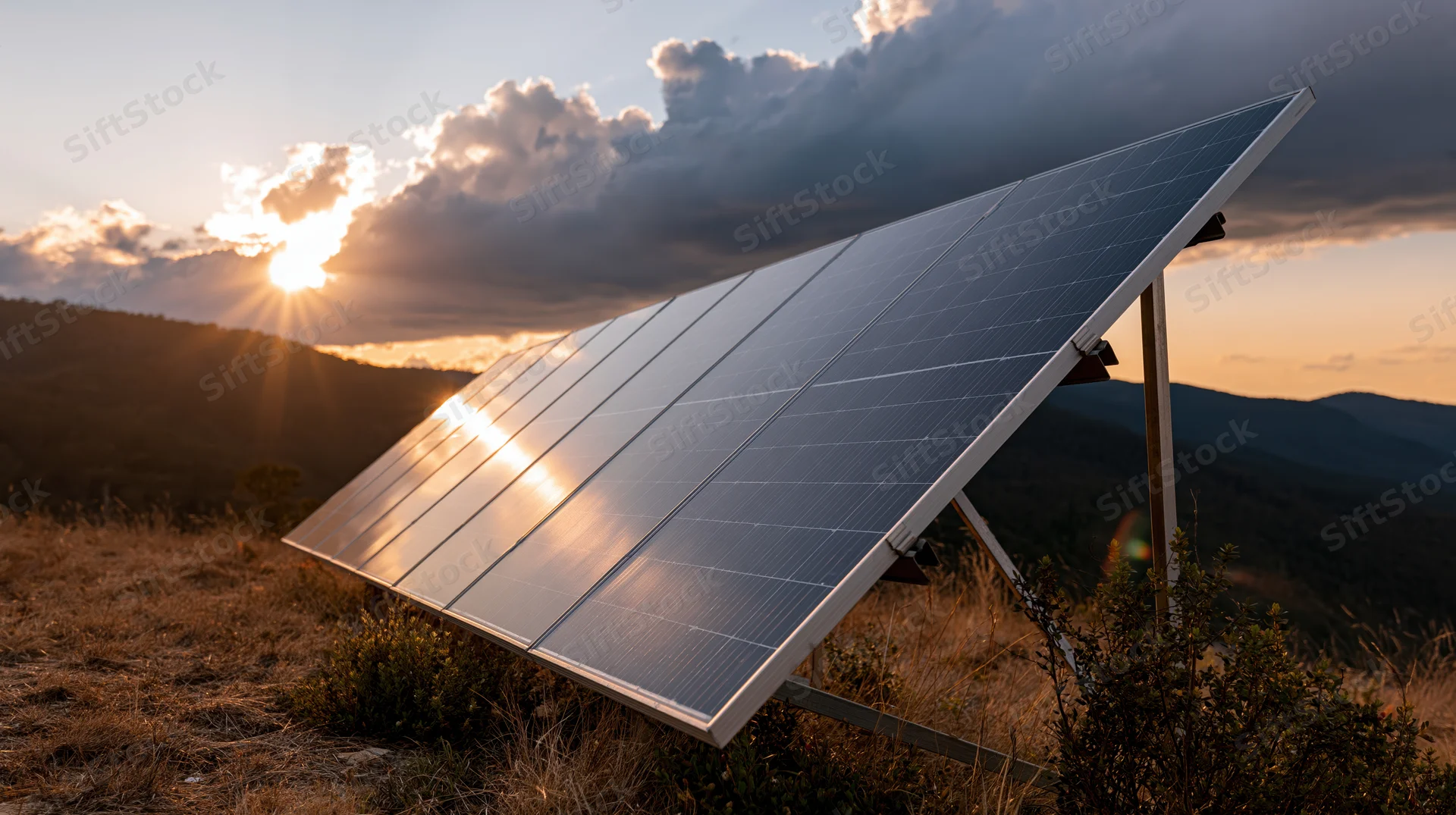 Solar panel angled toward the horizon in a grassy field at sunset with mountains in the background