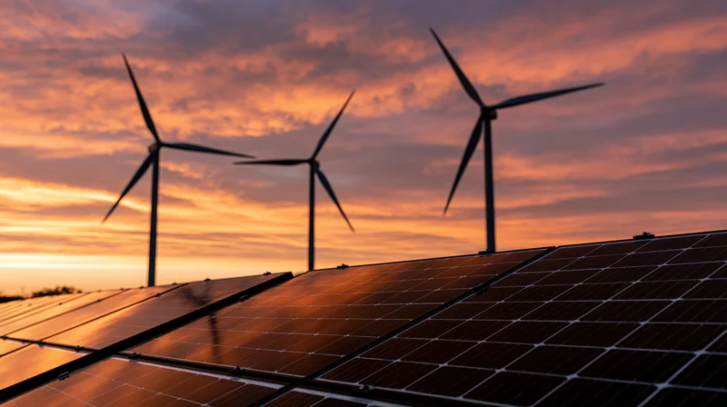 Solar panels in foreground with wind turbines silhouetted against a warm orange sunset sky