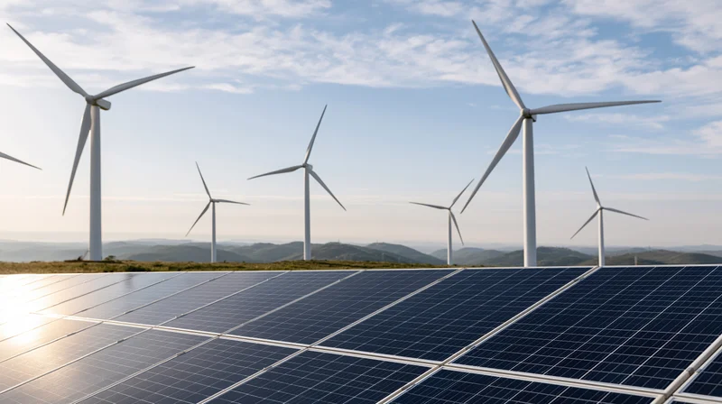 Solar panels in foreground with wind turbines rising on hills under blue sky