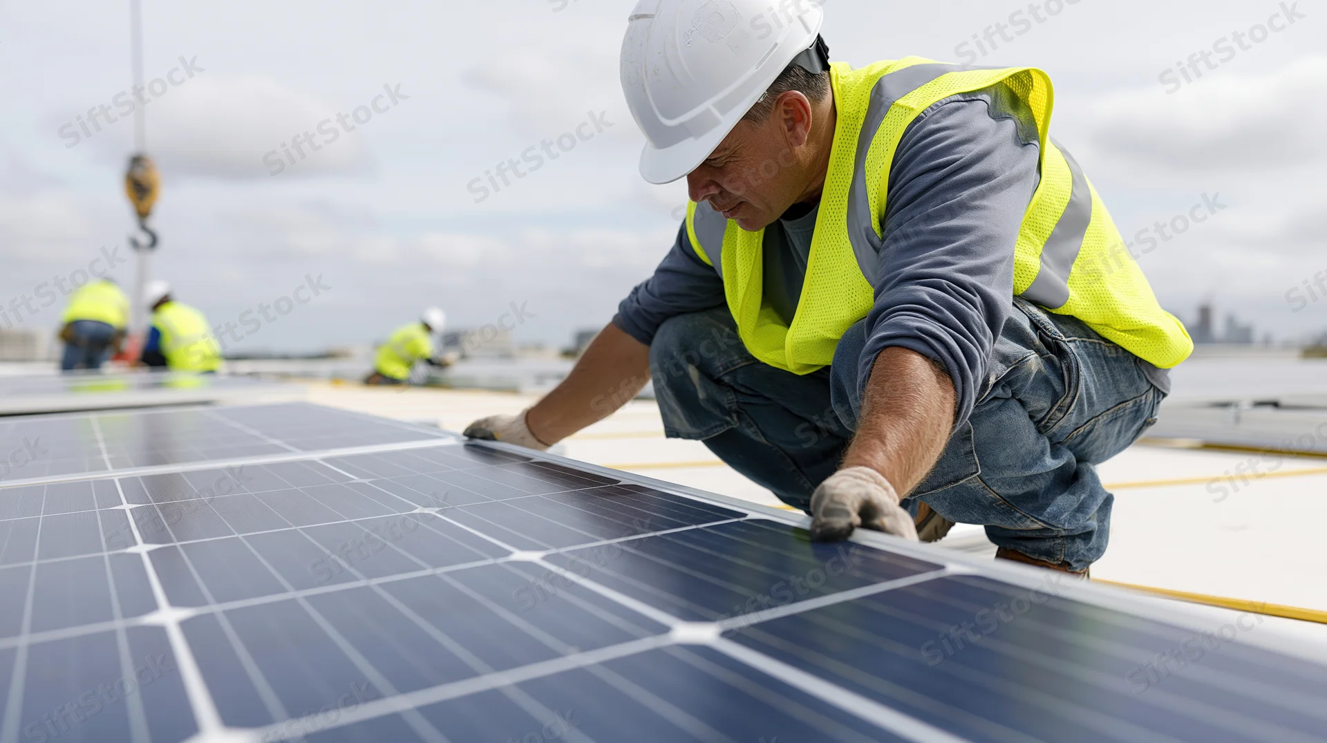 Worker installing solar panels on a rooftop with team in background