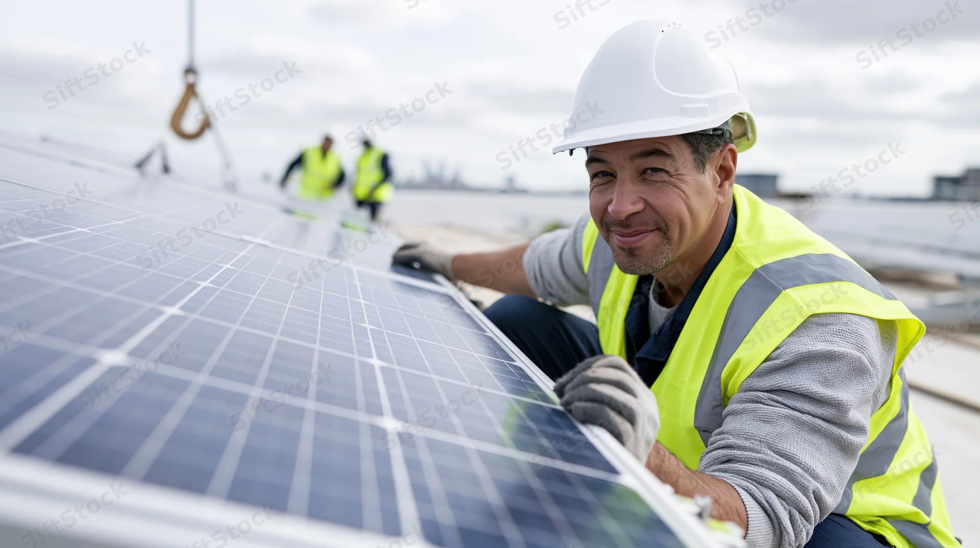 Smiling male technician in high-vis vest and hardhat installing solar panel on rooftop