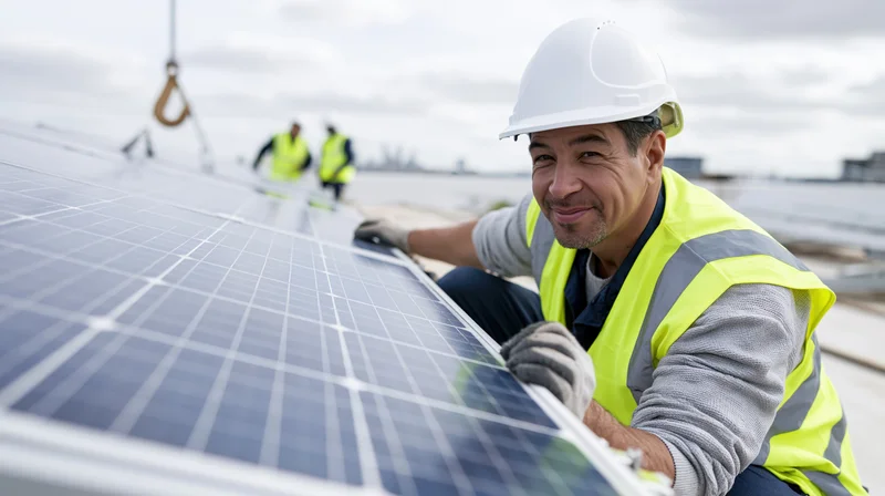 Smiling male technician in high-vis vest and hardhat installing solar panel on rooftop