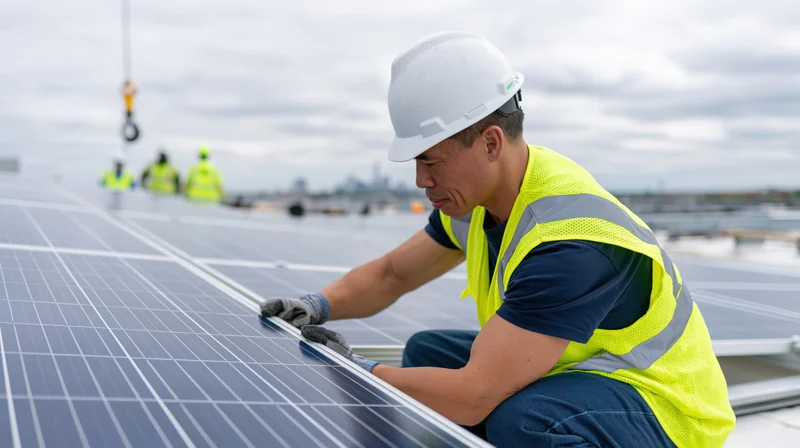Worker installing solar panels on rooftop with team in background