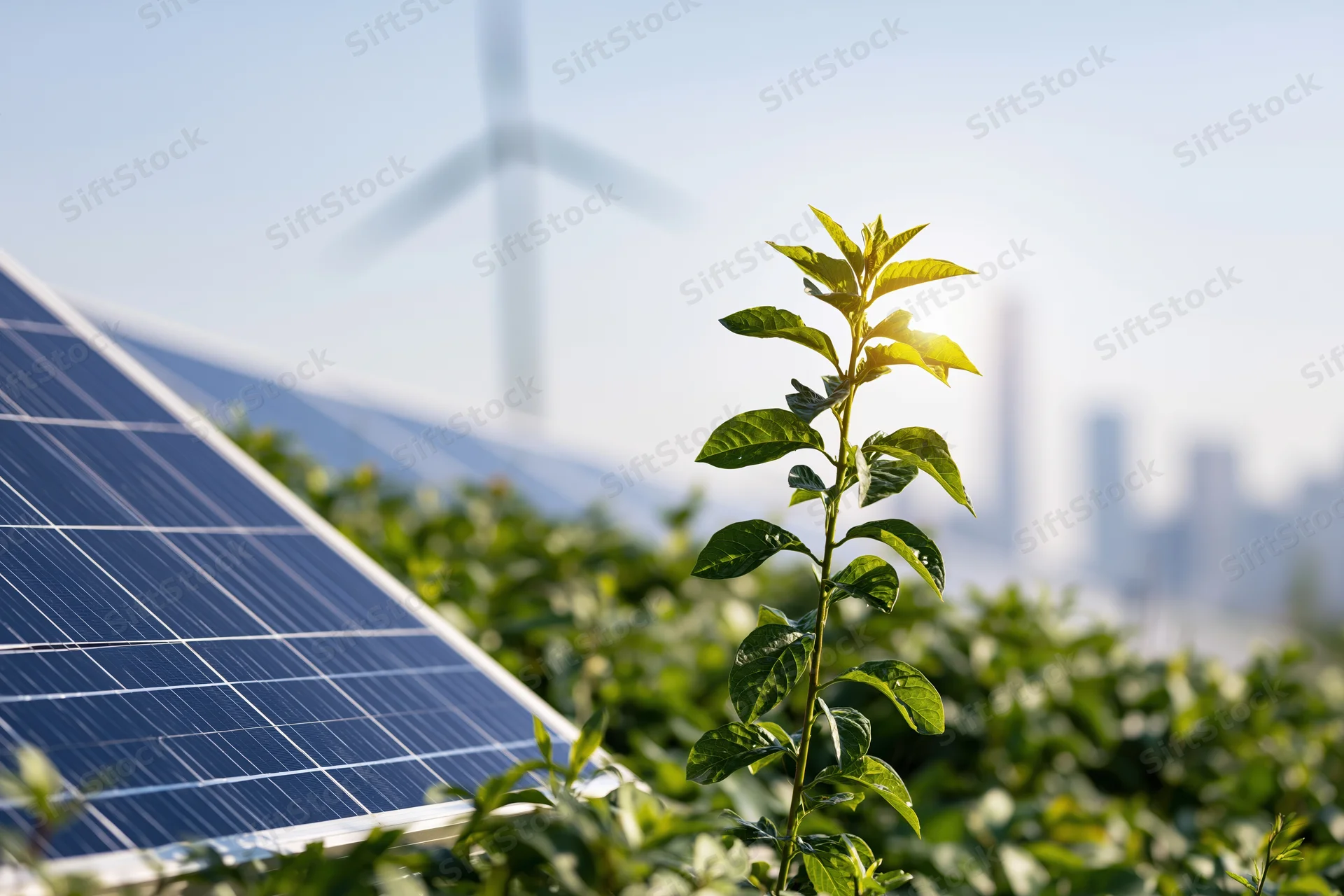 Young plant growing beside solar panels with wind turbine and city in background