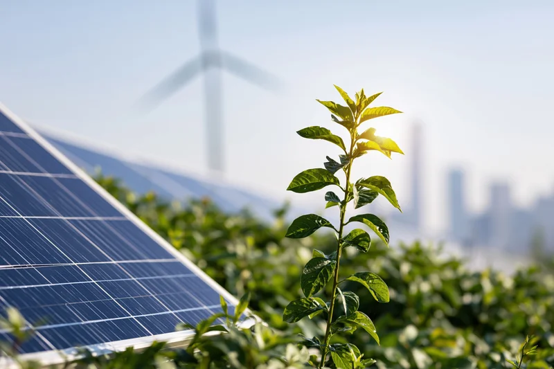 Young plant growing beside solar panels with wind turbine and city in background