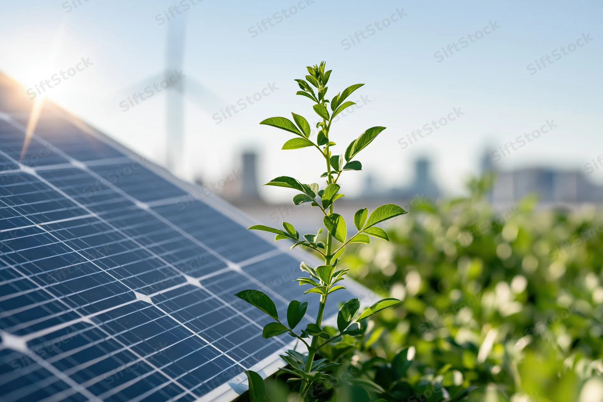 Young plant growing beside solar panel in a green field with wind turbine and city in background