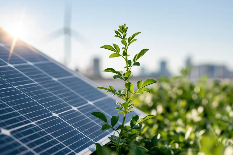 Young plant growing beside solar panel in a green field with wind turbine and city in background
