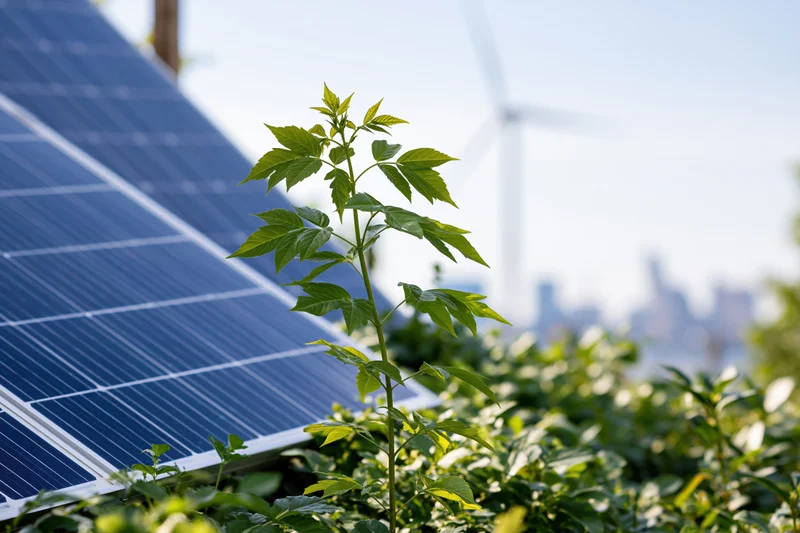 Young plant growing beside solar panels with wind turbine in background