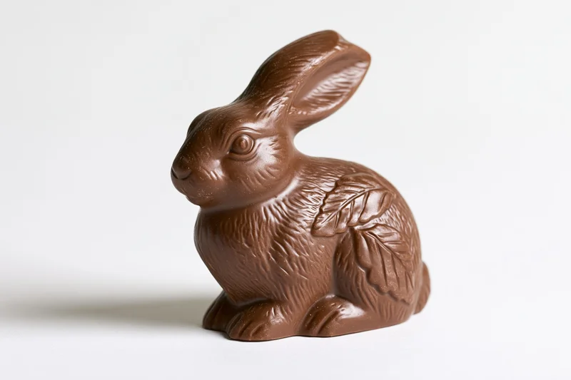 Milk chocolate easter bunny figurine sitting upright on white surface