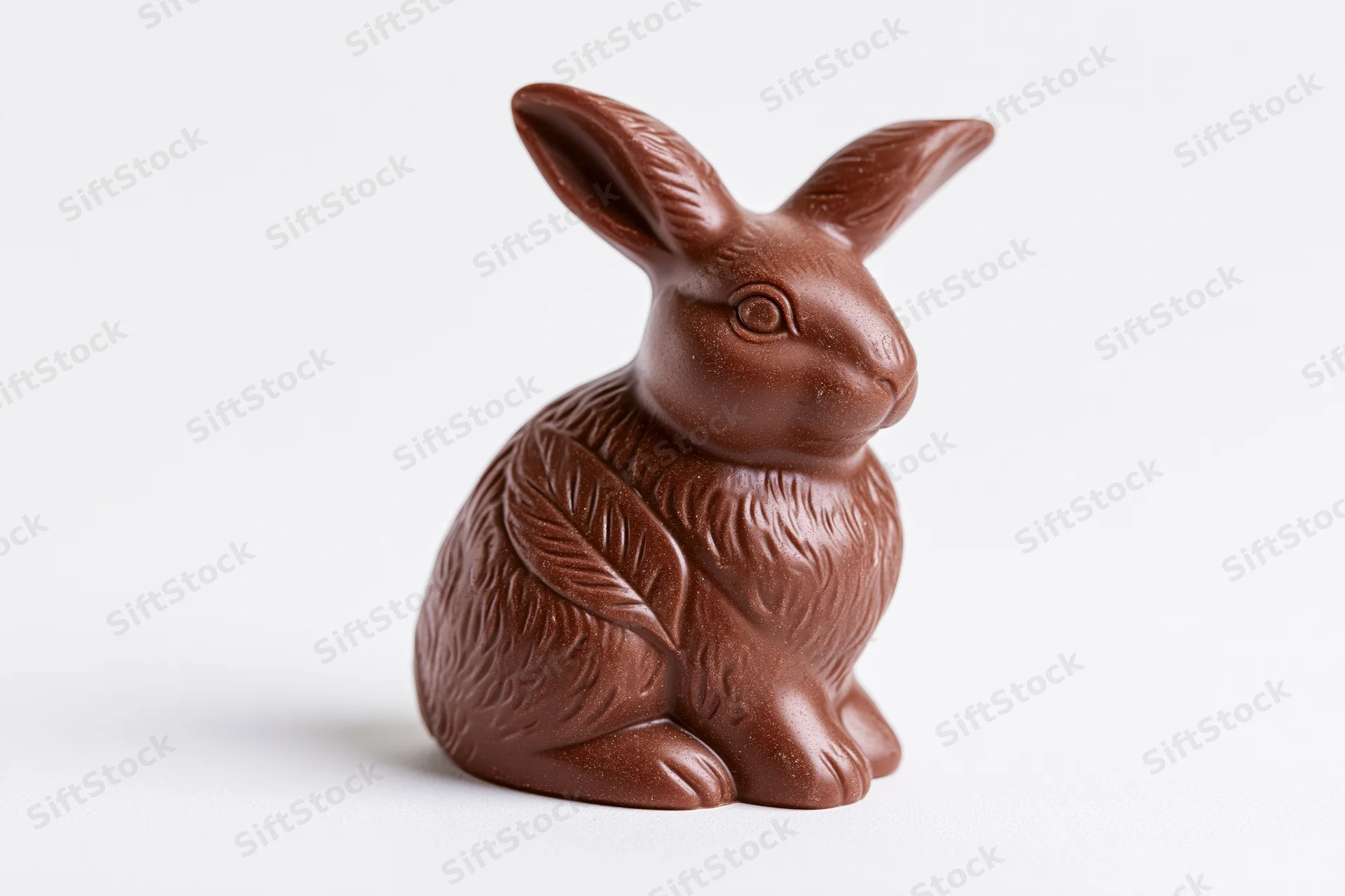 Milk chocolate easter bunny figurine sitting upright on white background