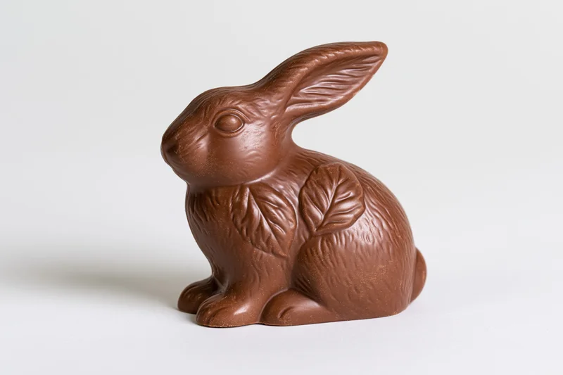 Milk chocolate easter bunny figurine sitting upright on white background