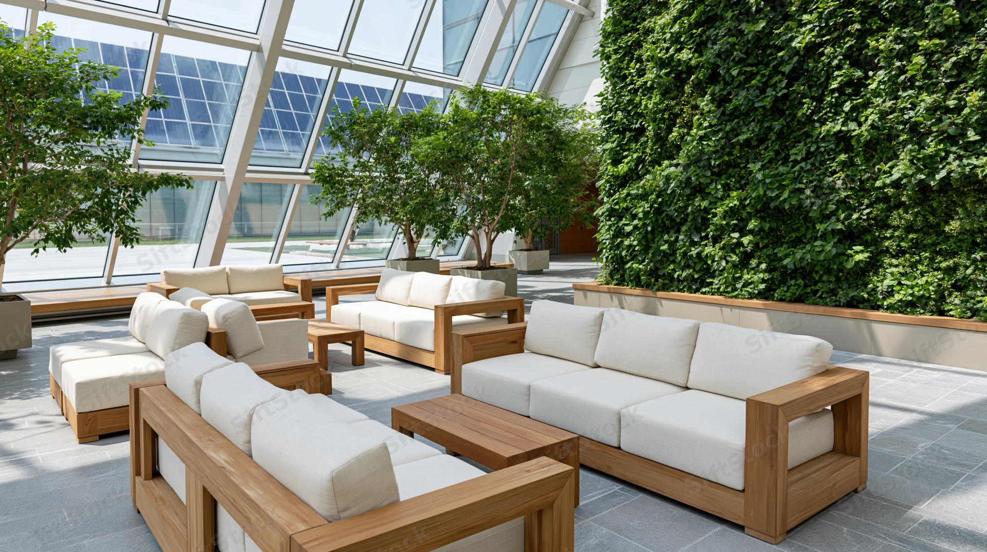 Modern corporate atrium lounge with teak-framed sofas and greenery under glass skylight